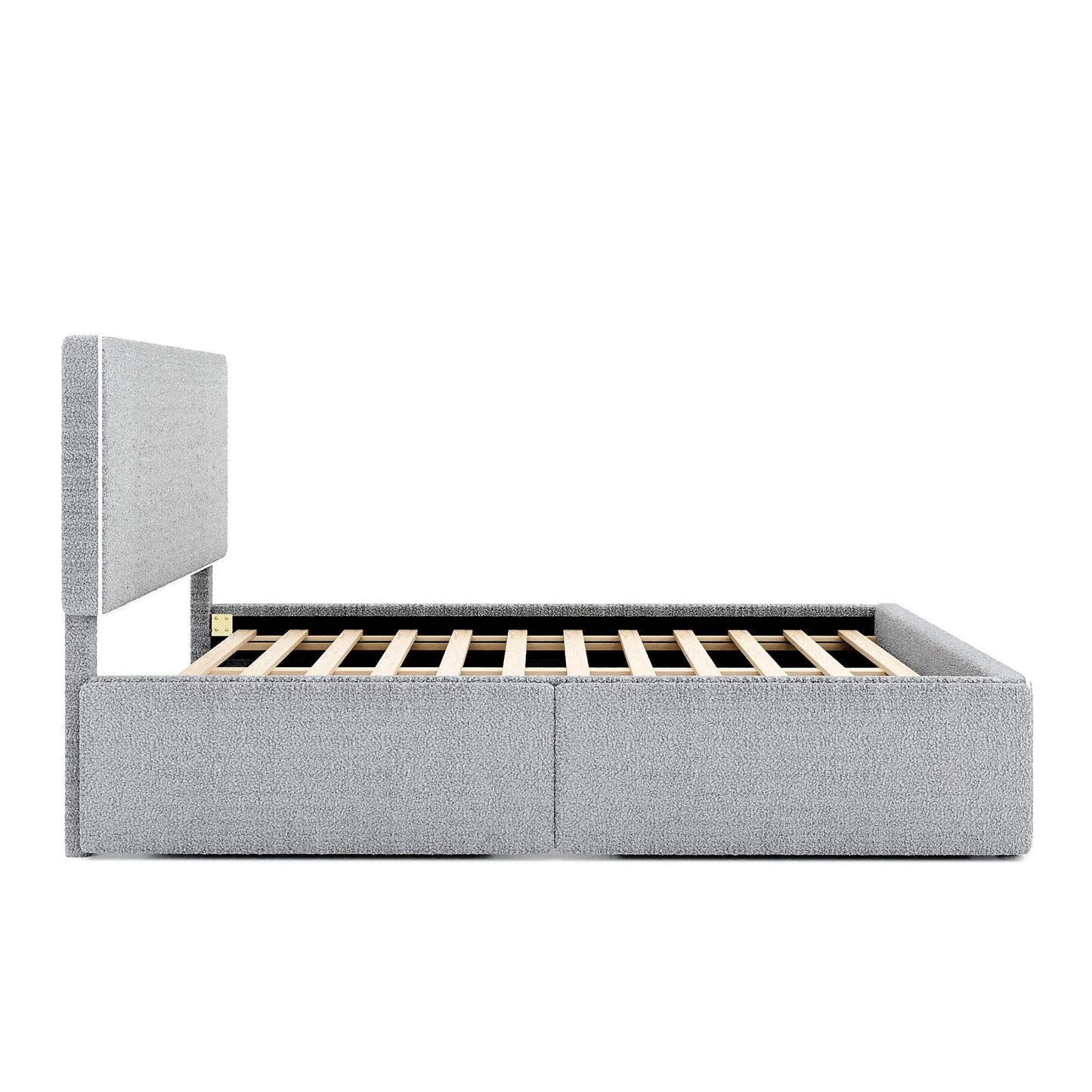 Upholstered Platform Bed with 4 Drawers and White Edge on the Headboard & Footboard, Gray - FurniFindUSA