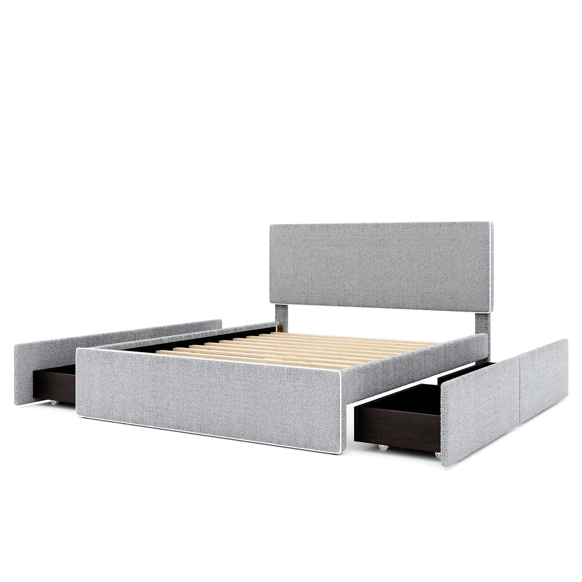 Upholstered Platform Bed with 4 Drawers and White Edge on the Headboard & Footboard, Gray - FurniFindUSA