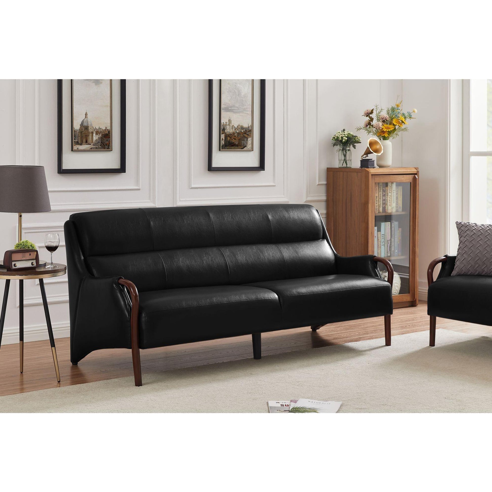 Modern-Central Sofa PU Leather Wooden Legs Bench for Living Room - FurniFindUSA