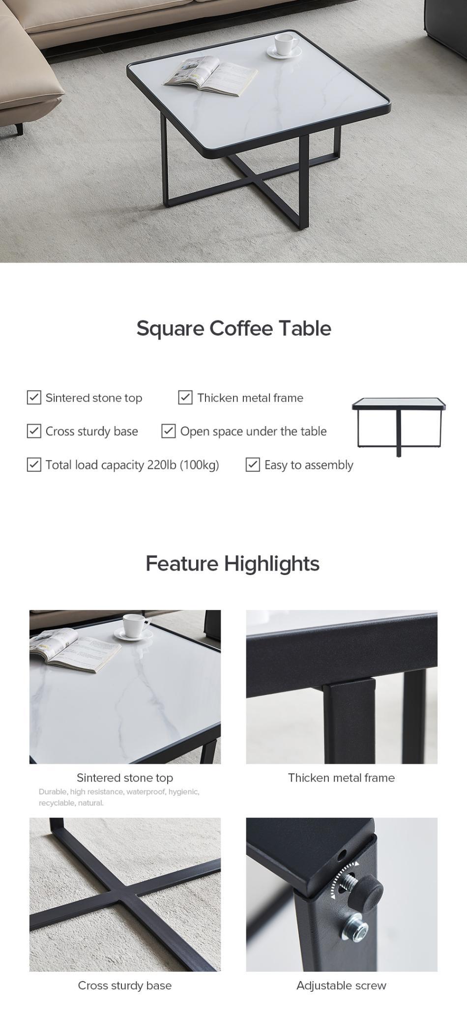 Minimalism Square coffee table，Black metal frame with sintered stone tabletop - FurniFindUSA