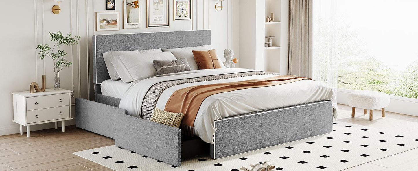 Upholstered Platform Bed with 4 Drawers and White Edge on the Headboard & Footboard, Gray - FurniFindUSA