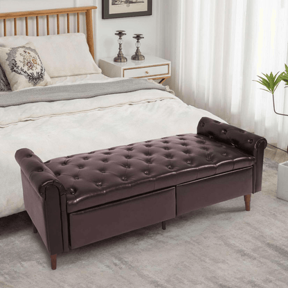 Storage PU Ottoman Bench with 2 Drawers for Bedroom End of Bed - FurniFindUSA