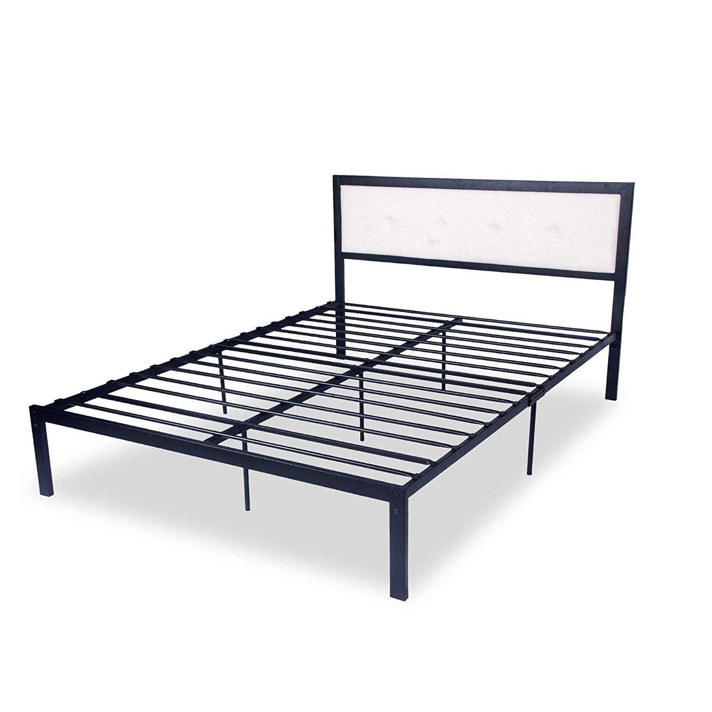 54" Modern Full Size Platform Bed with Black Metal Frame, Beige Headboard - FurniFindUSA