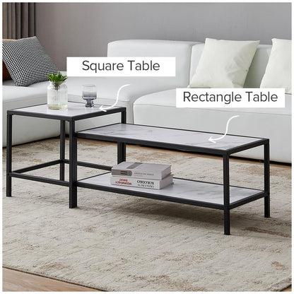 Modern Nesting coffee table Square & rectangle,Black metal frame with wood marble color top