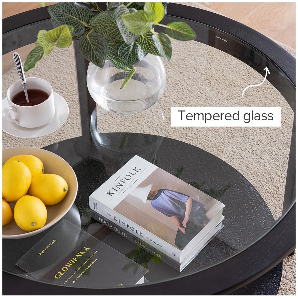 Modern Solid wood round coffee table with tempered glass top black color-36" - FurniFindUSA