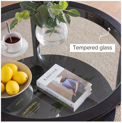 Modern Solid wood round coffee table with tempered glass top black color-36" - FurniFindUSA