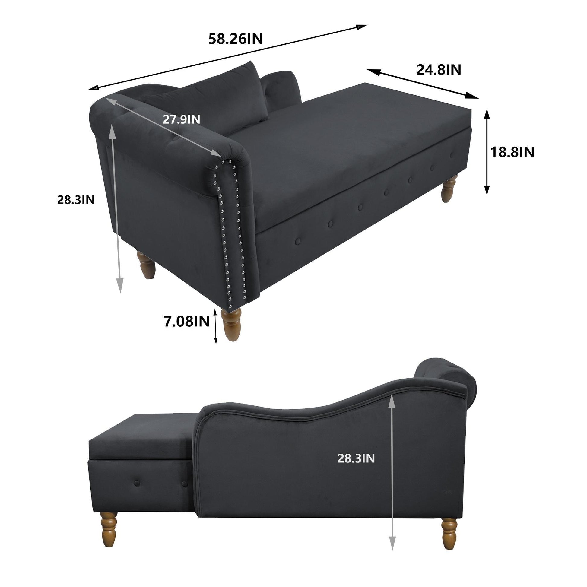 Velvet indoor chaise lounge with nailhead trim, storage and pillows, can be used in living room, bedroom, den - FurniFindUSA