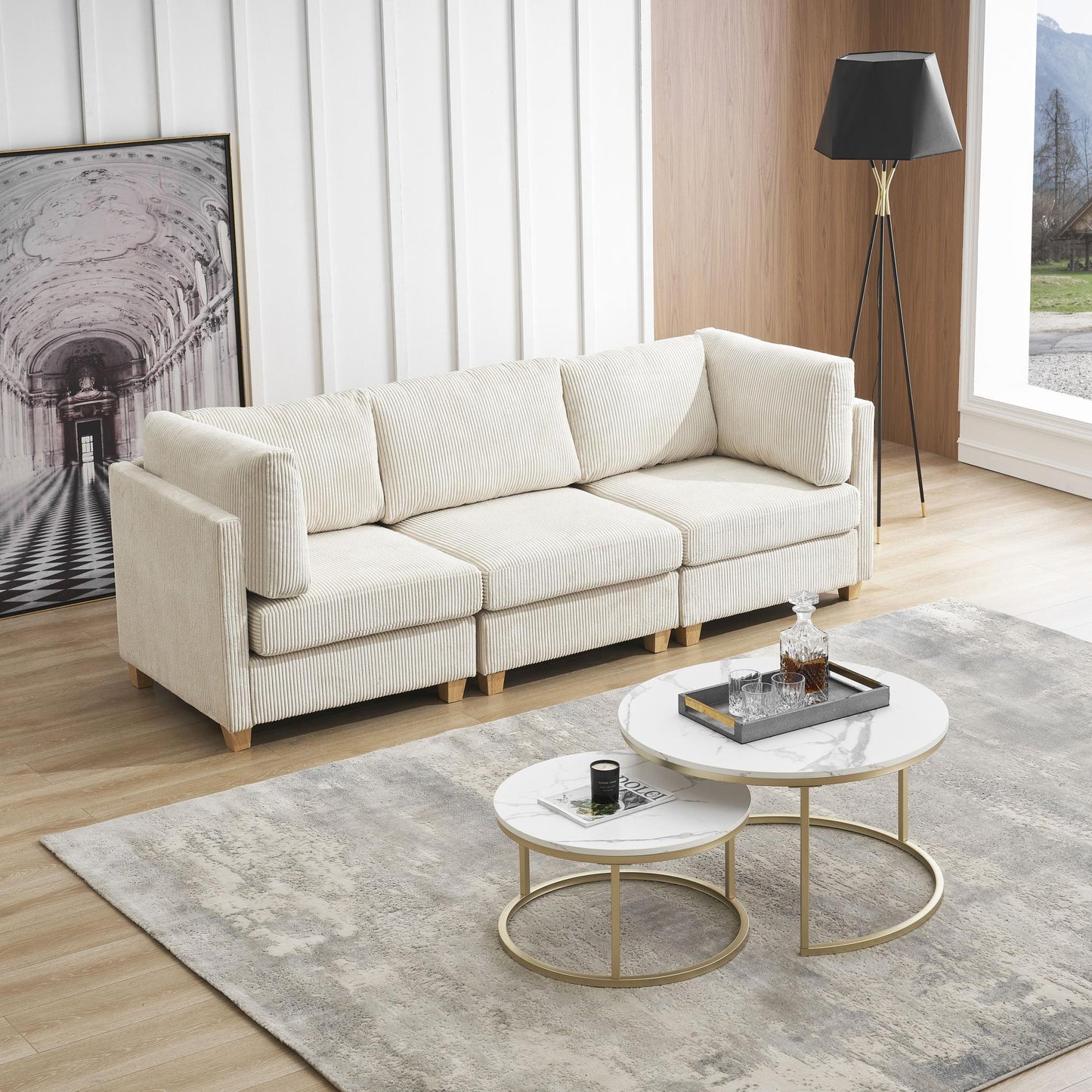 Modern Beige Convertible L Shape Sofa Corduroy Fabric Comfortable Multi-person Combination Living Room Sofa Furniture - FurniFindUSA