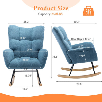 Rocking Chair with Pocket, Soft Teddy Fabric Rocking Chair for Nursery, Comfy Wingback Glider Rocker with Safe Solid Wood Base for Living Room Bedroom - FurniFindUSA