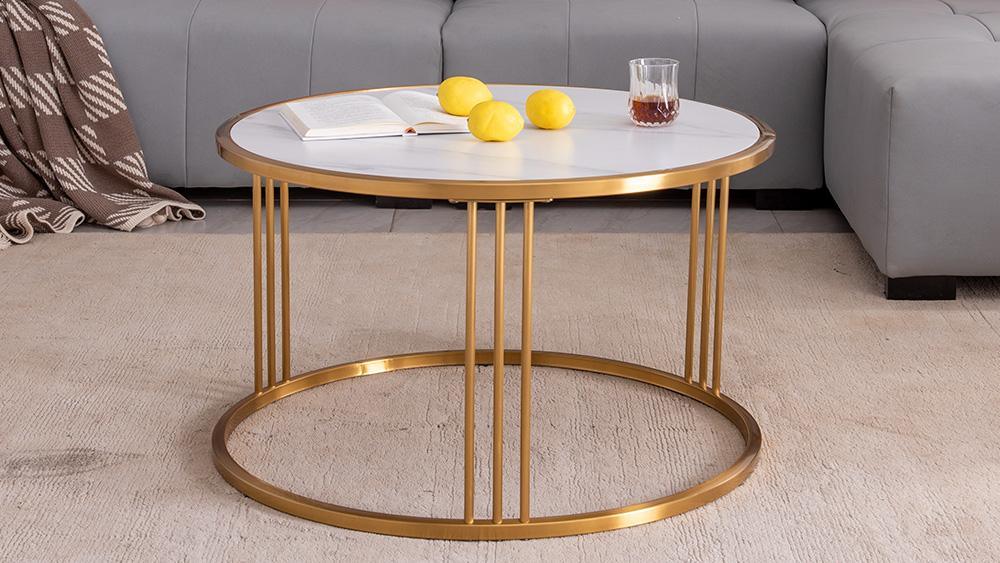 Slate round coffee table with golden stainless steel frame - FurniFindUSA