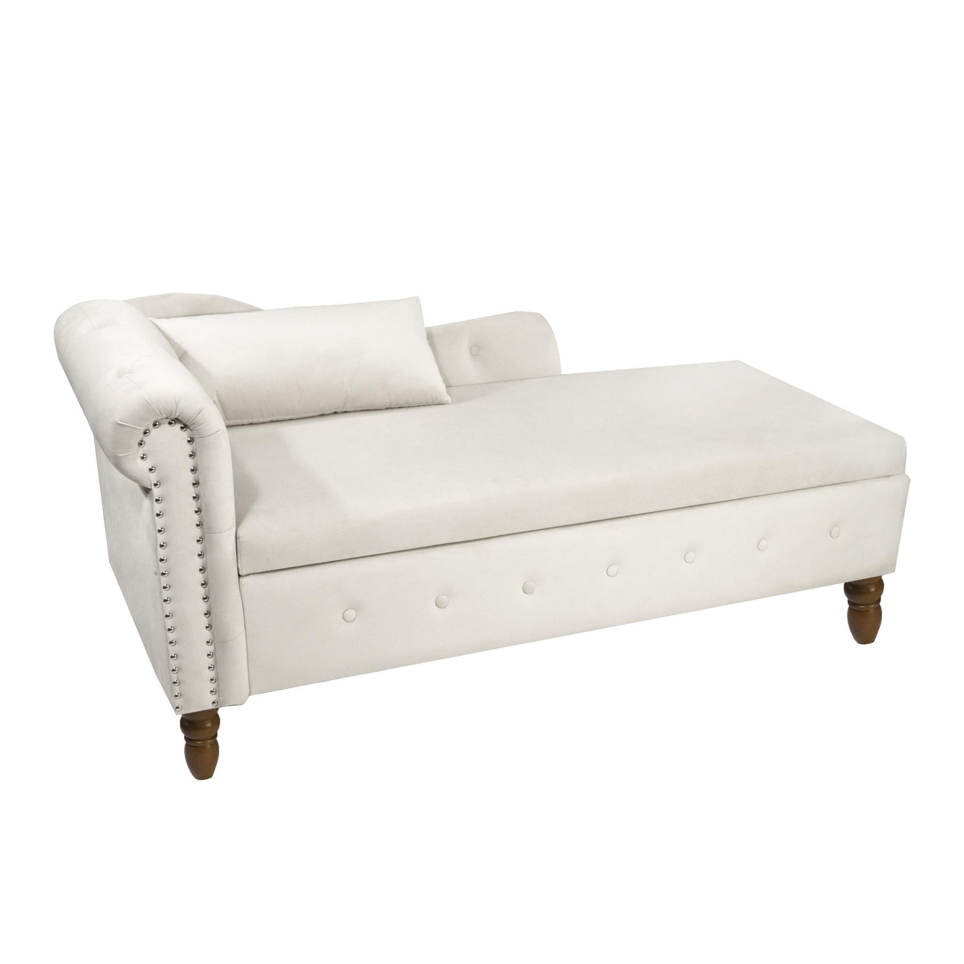 Velvet indoor chaise lounge with nailhead trim, storage and pillows, can be used in living room, bedroom, den - FurniFindUSA