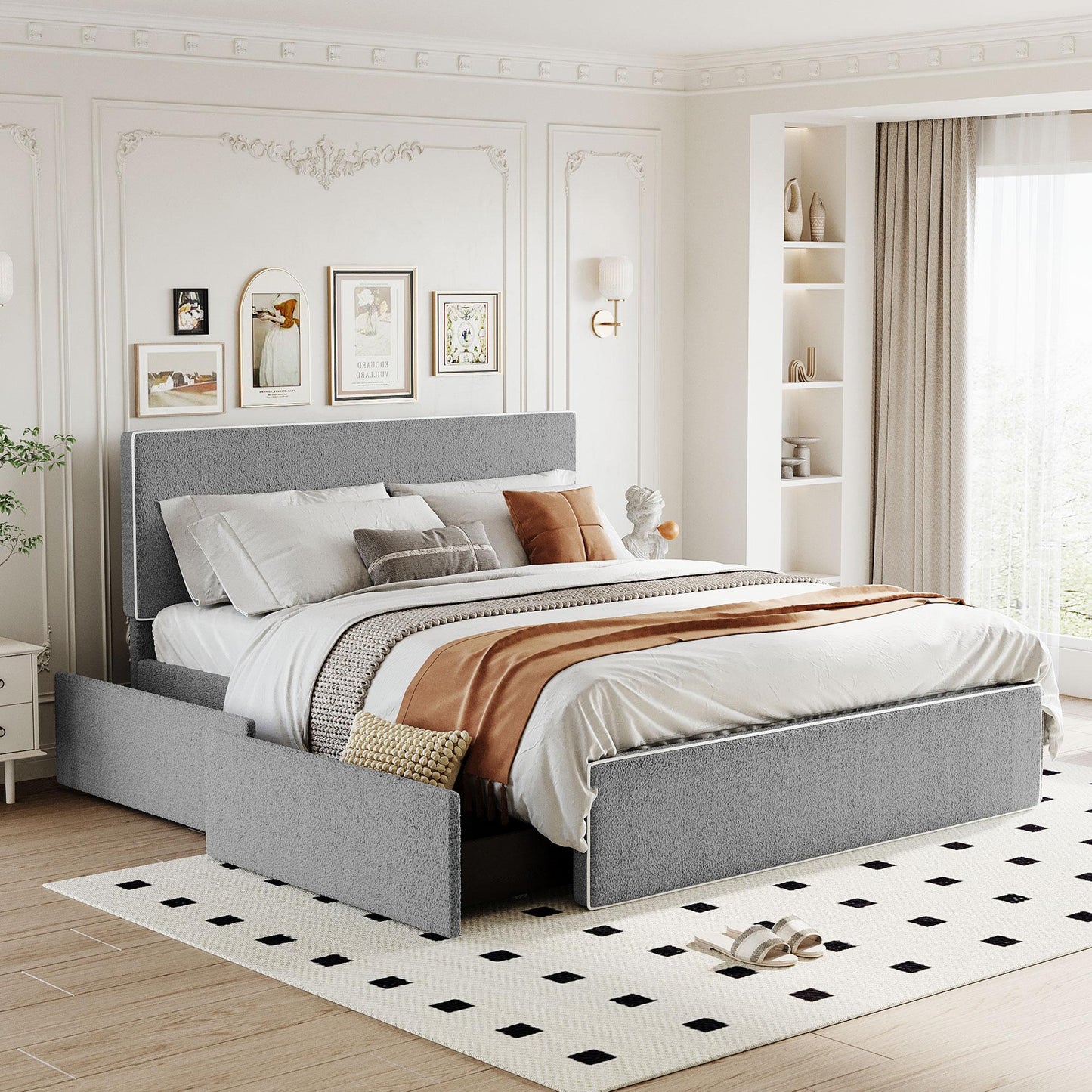 Upholstered Platform Bed with 4 Drawers and White Edge on the Headboard & Footboard, Gray - FurniFindUSA