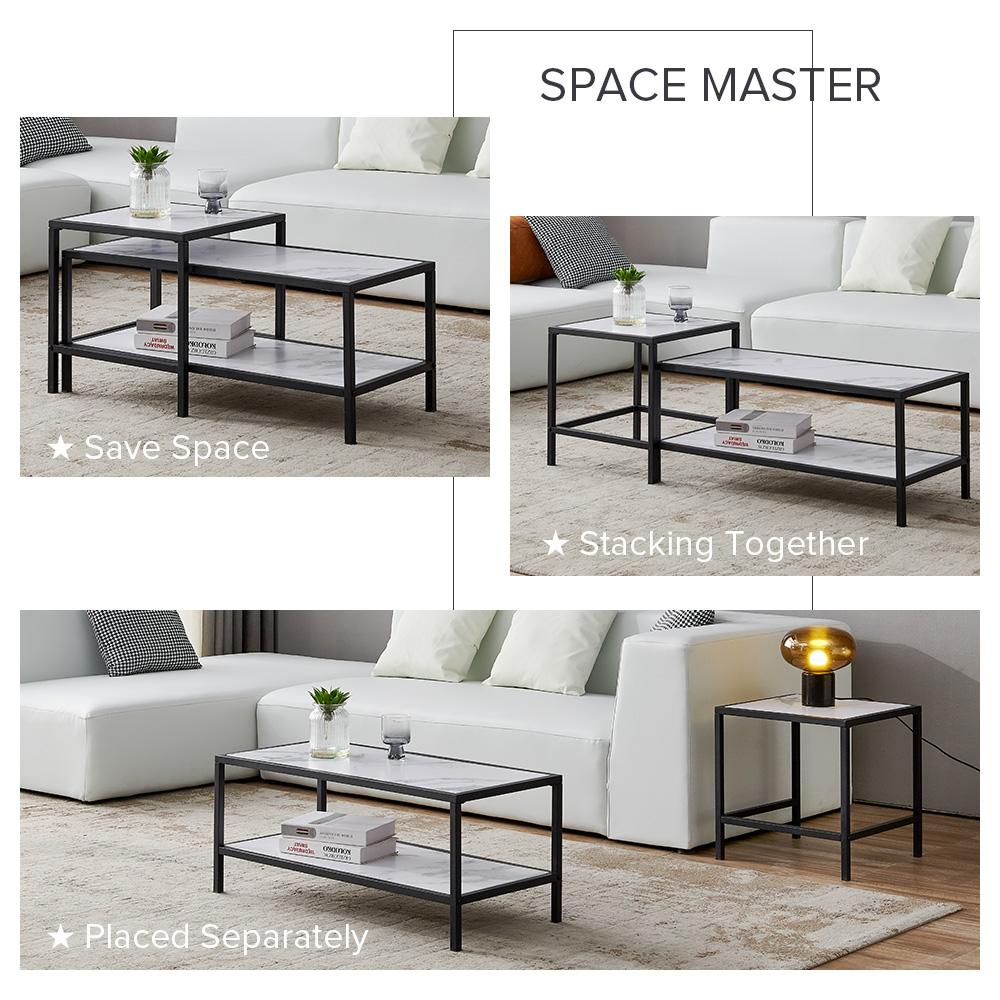 Modern Nesting coffee table Square & rectangle,Black metal frame with wood marble color top