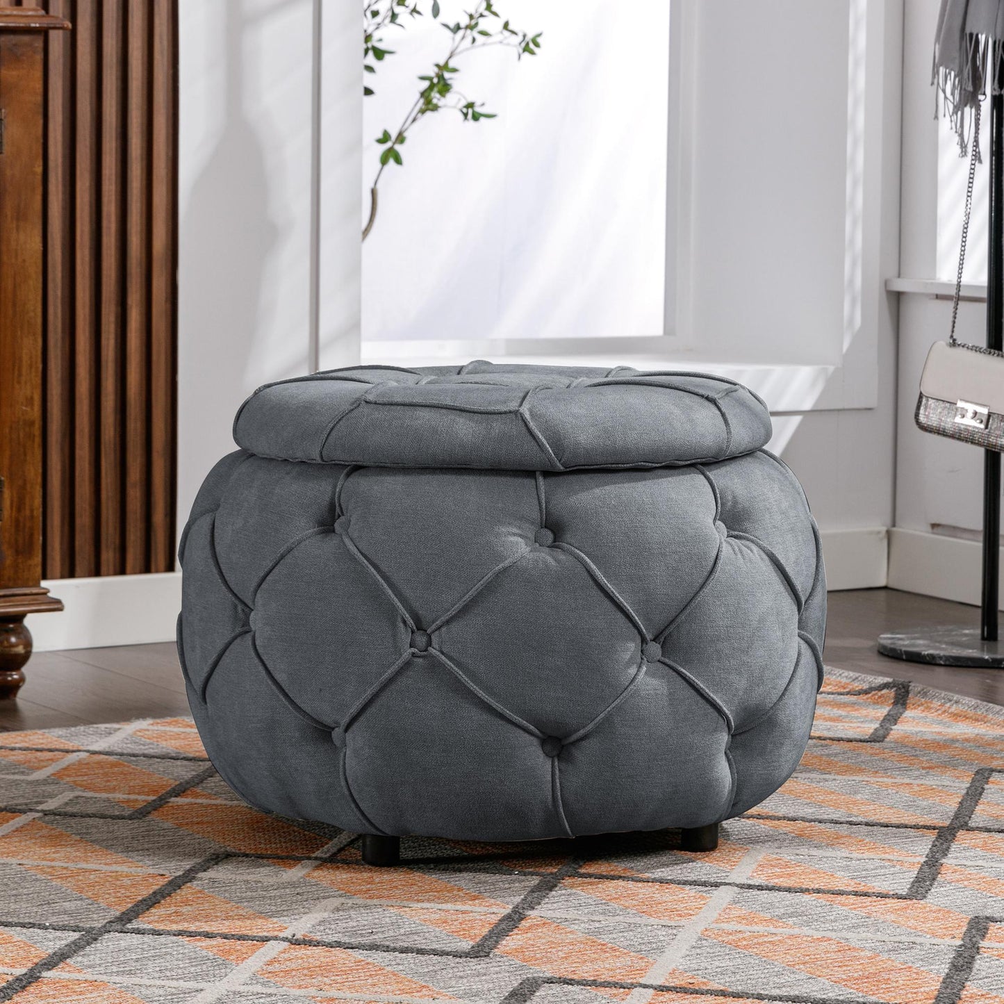 Large Button Tufted Woven Round Storage Footstool。Suitable for living room, bedroom, study - FurniFindUSA