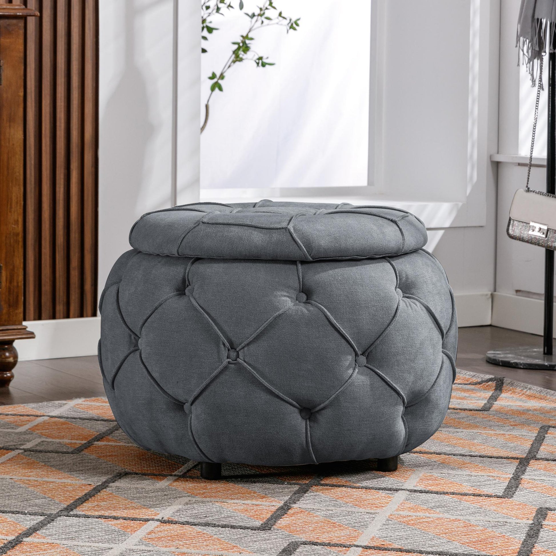 Large Button Tufted Woven Round Storage Footstool。Suitable for living room, bedroom, study - FurniFindUSA