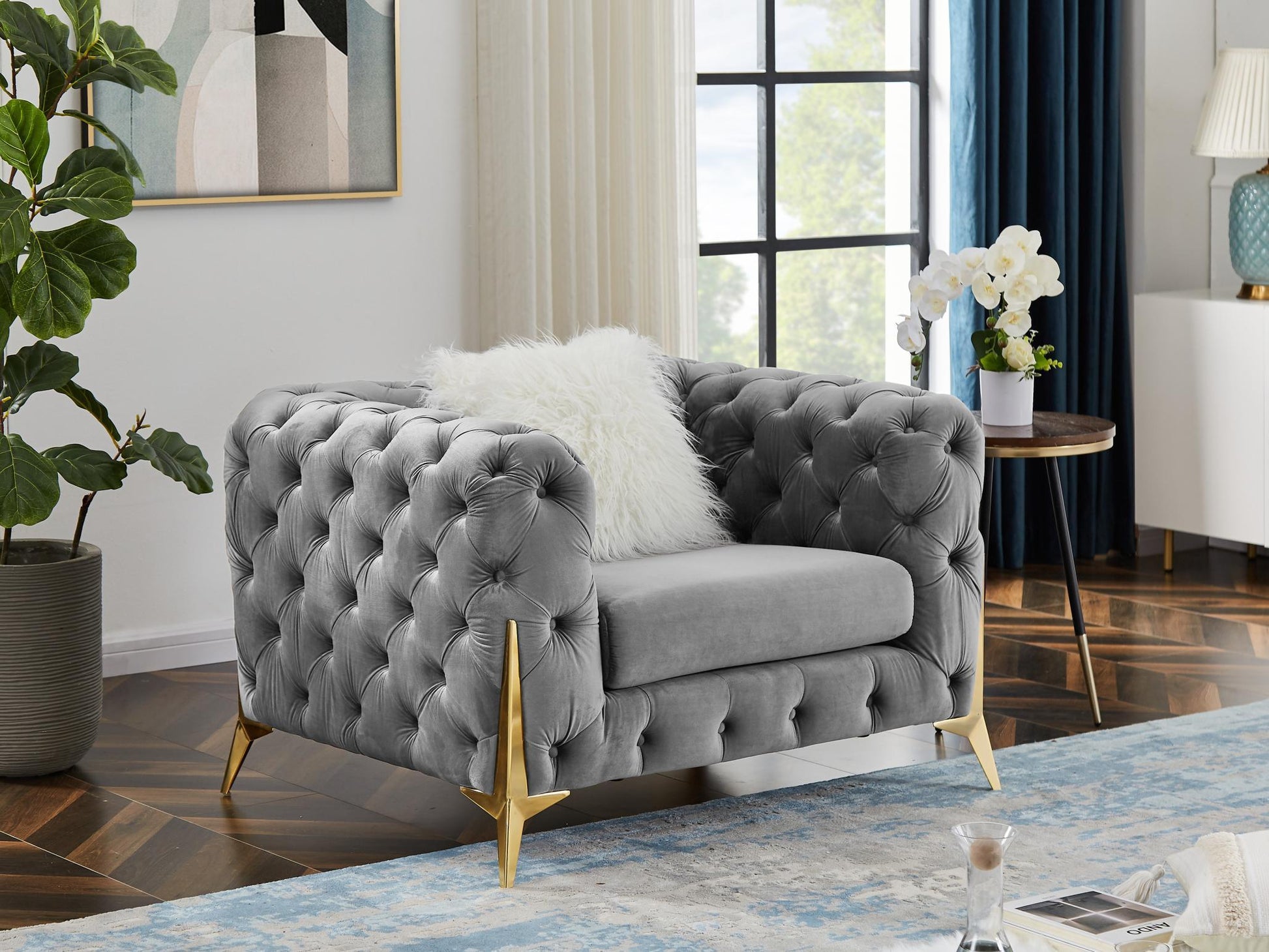 Gray Armchair Velvet Sofa for Living Room Furniture - FurniFindUSA