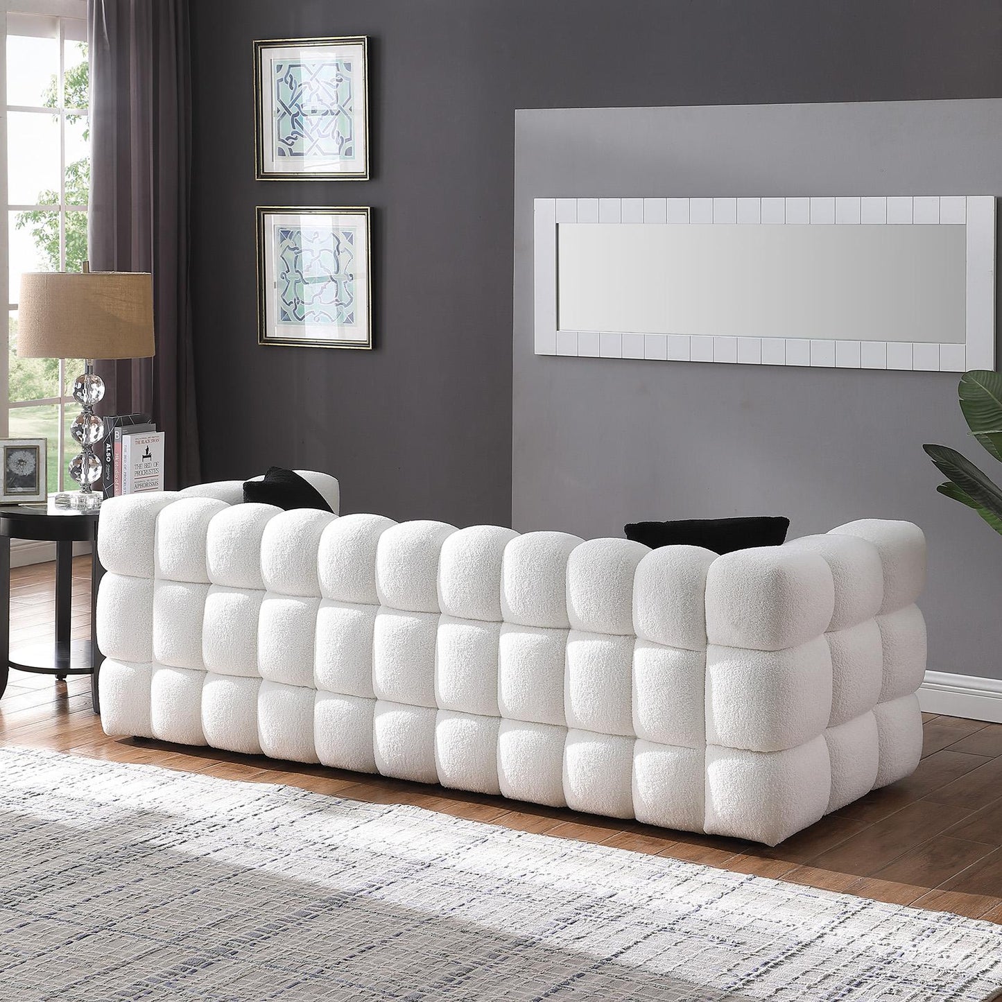 84.3 length ,35.83" deepth ,human body structure for USA people, marshmallow sofa,boucle sofa ,3 seater