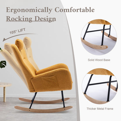 35.5 inch Rocking Chair with Pocket, Soft Teddy Fabric Rocking Chair for Nursery, Comfy Wingback Glider Rocker with Safe Solid Wood Base for Living Ro - FurniFindUSA