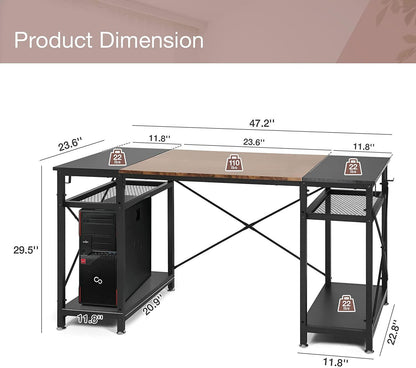 47.2" Computer Desk w/ 4 Storage Shelves & 4 Hooks, Large Desk Study Writing Table, Home Office Desk - FurniFindUSA