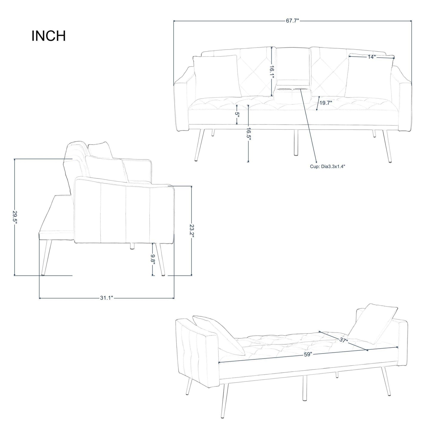 67.7” Futon Sofa bed - FurniFindUSA