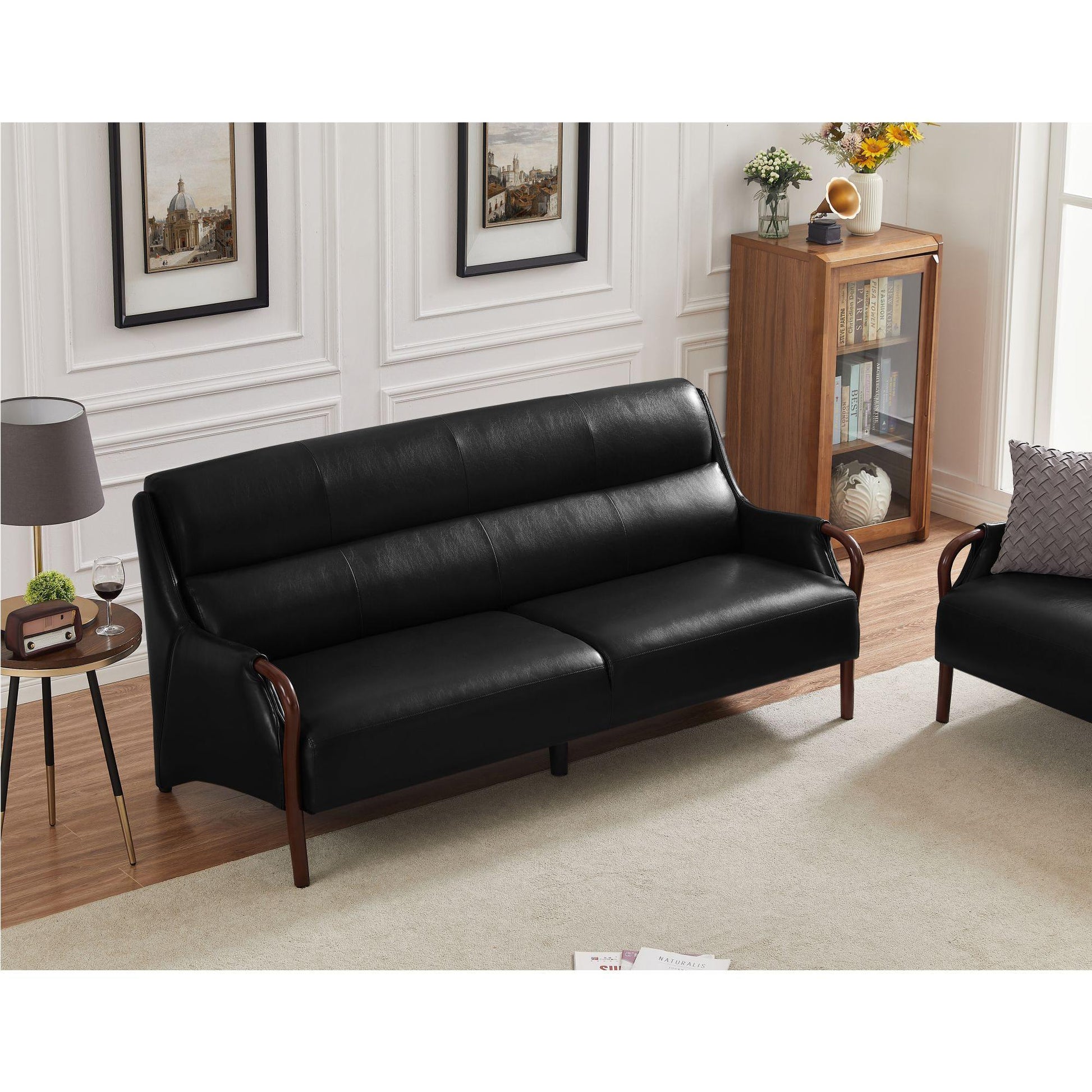 Modern-Central Sofa PU Leather Wooden Legs Bench for Living Room - FurniFindUSA