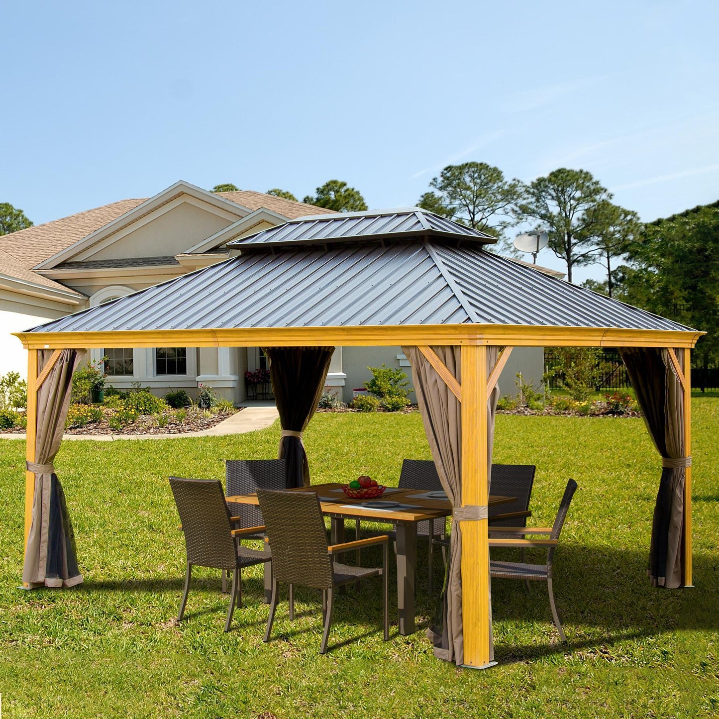 Domi Hardtop Gazebo Outdoor Aluminum Roof Canopy With Mosquito Netting and Curtains - FurniFindUSA