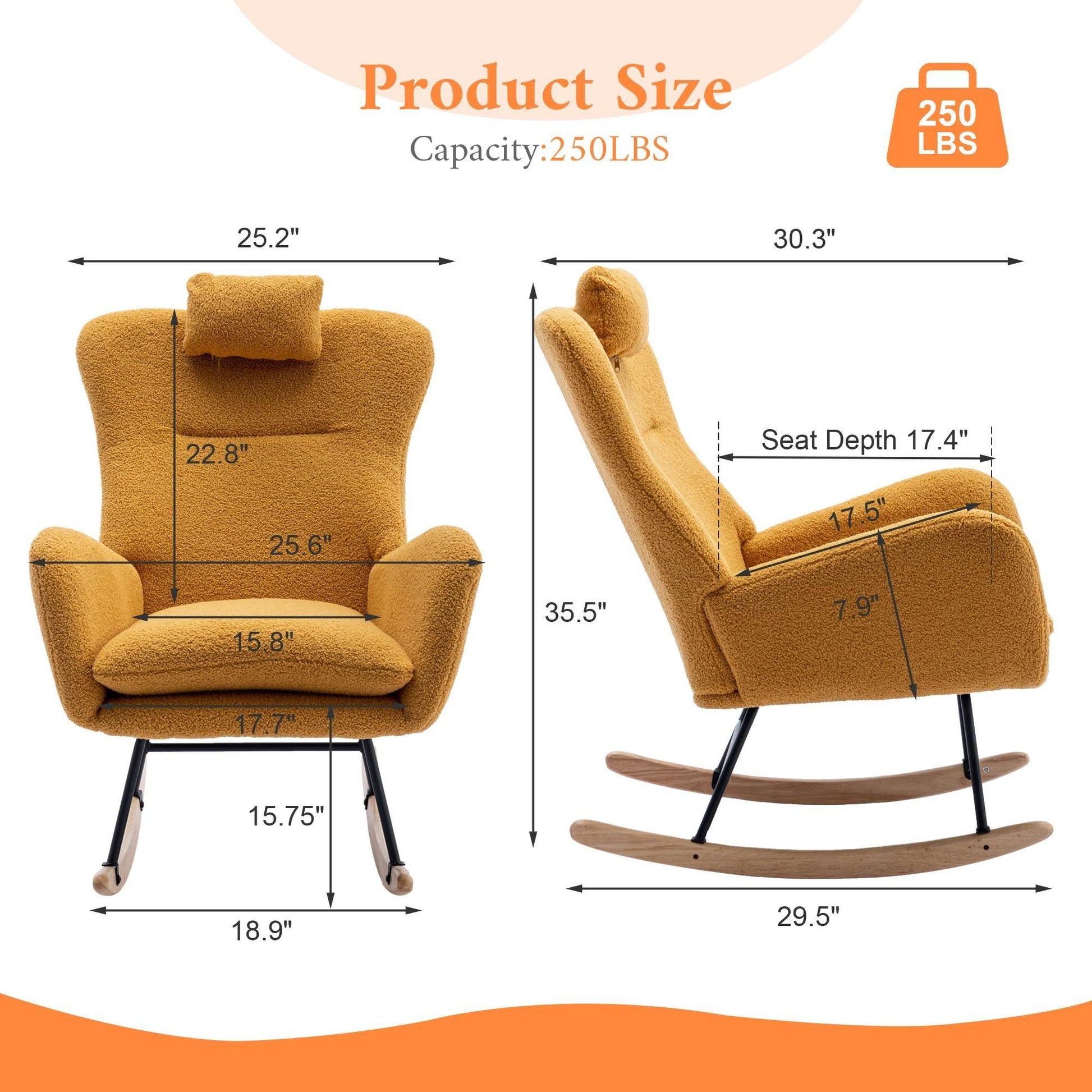 35.5 inch Rocking Chair with Pocket, Soft Teddy Fabric Rocking Chair for Nursery, Comfy Wingback Glider Rocker with Safe Solid Wood Base for Living Ro - FurniFindUSA