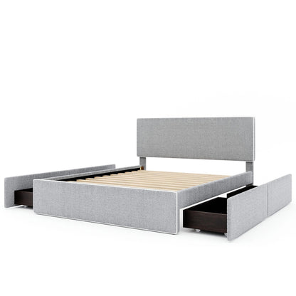 Upholstered Platform Bed with 4 Drawers and White Edge on the Headboard & Footboard, Gray - FurniFindUSA