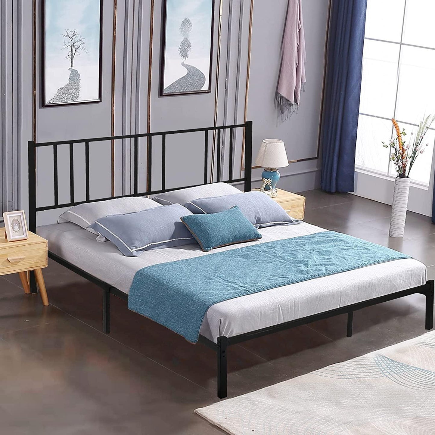 Queen Size Platform Bed w/ Headboard, Sturdy Frame w/ Metal Slat, Noise Free & Anti-Slip - FurniFindUSA