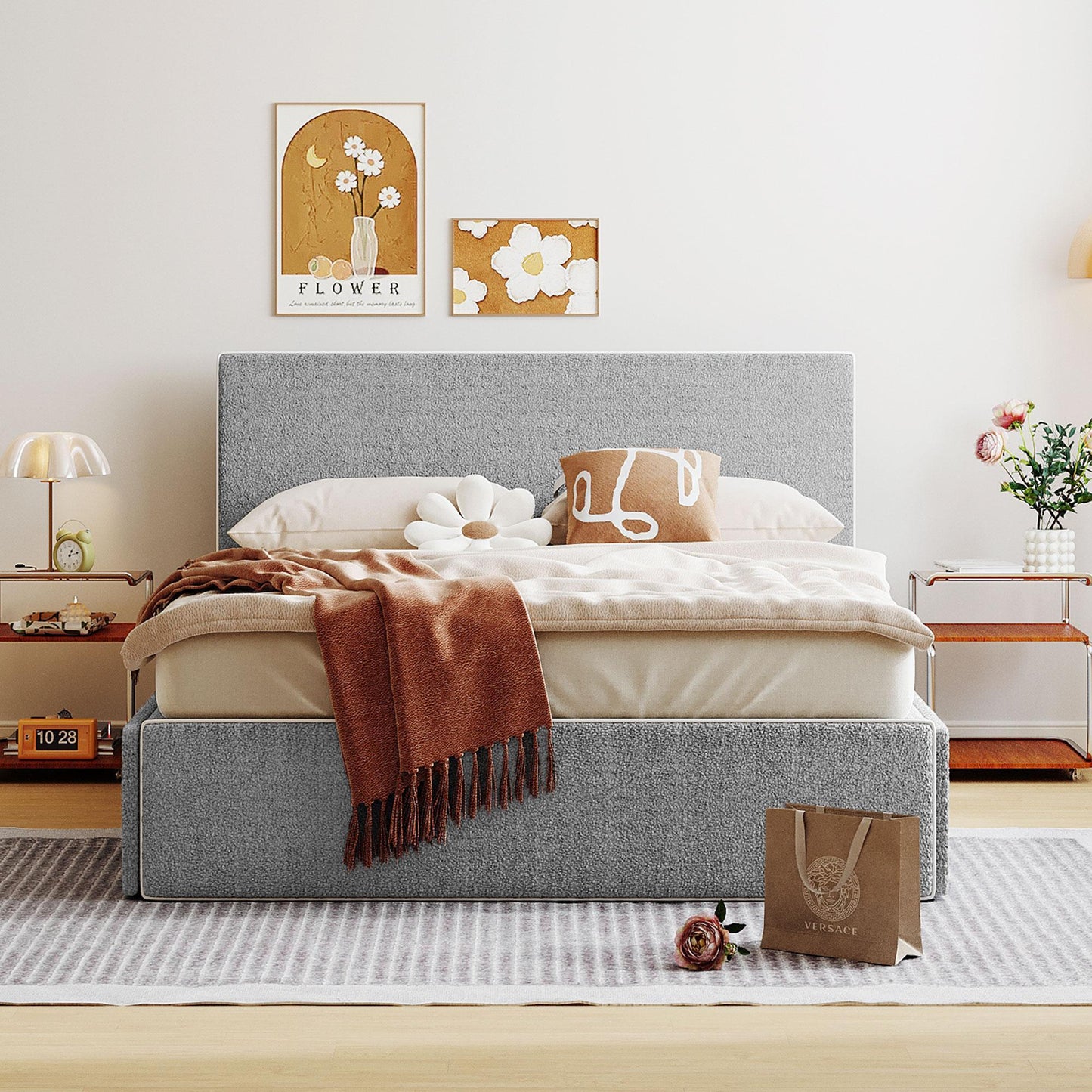 Upholstered Platform Bed with 4 Drawers and White Edge on the Headboard & Footboard, Gray - FurniFindUSA