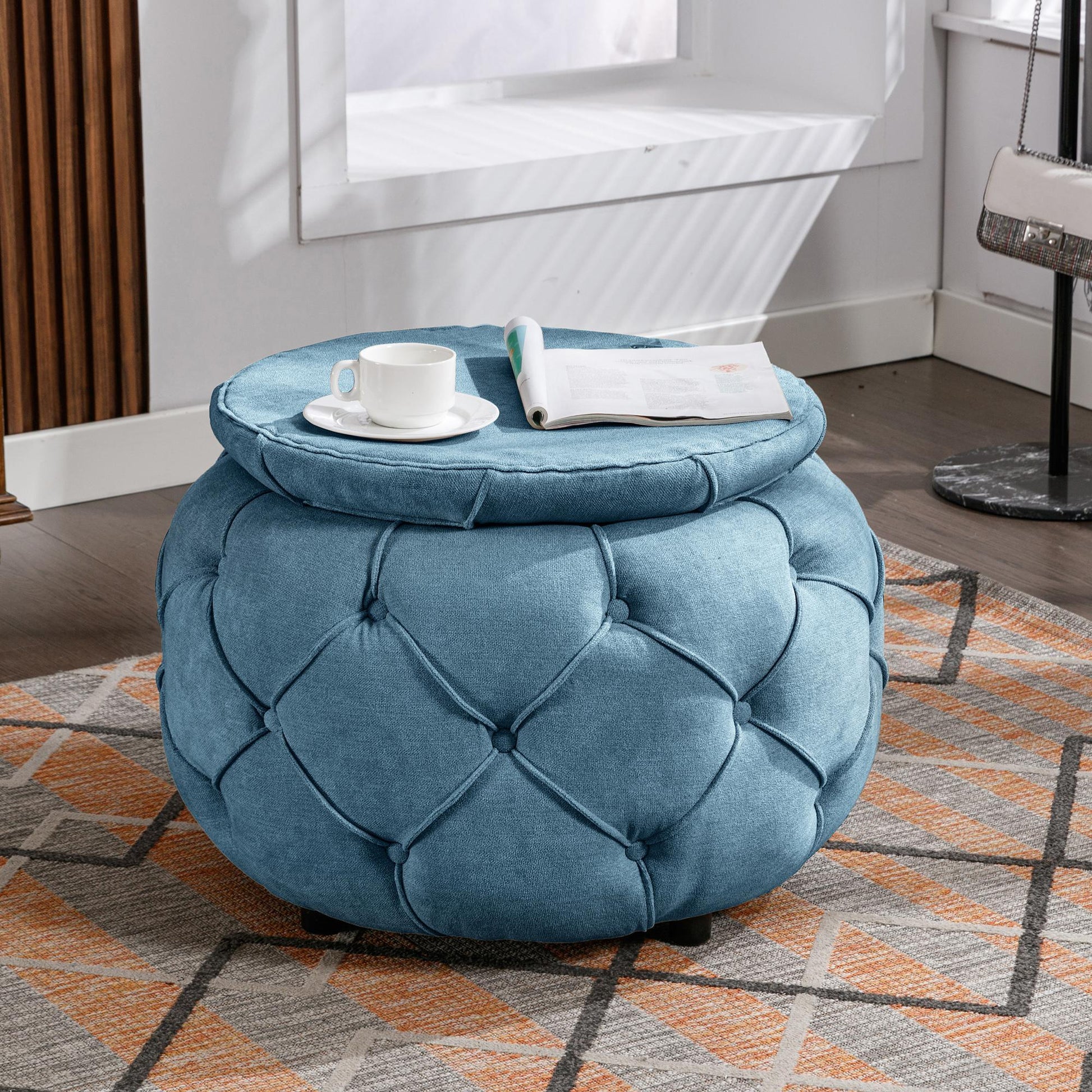 Large Button Tufted Woven Round Storage Footstool。Suitable for living room, bedroom, study - FurniFindUSA