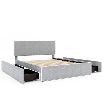 Upholstered Platform Bed with 4 Drawers and White Edge on the Headboard & Footboard, Gray - FurniFindUSA