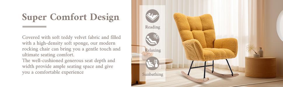 Rocking Chair with Pocket, Soft Teddy Fabric Rocking Chair for Nursery, Comfy Wingback Glider Rocker with Safe Solid Wood Base for Living Room Bedroom - FurniFindUSA