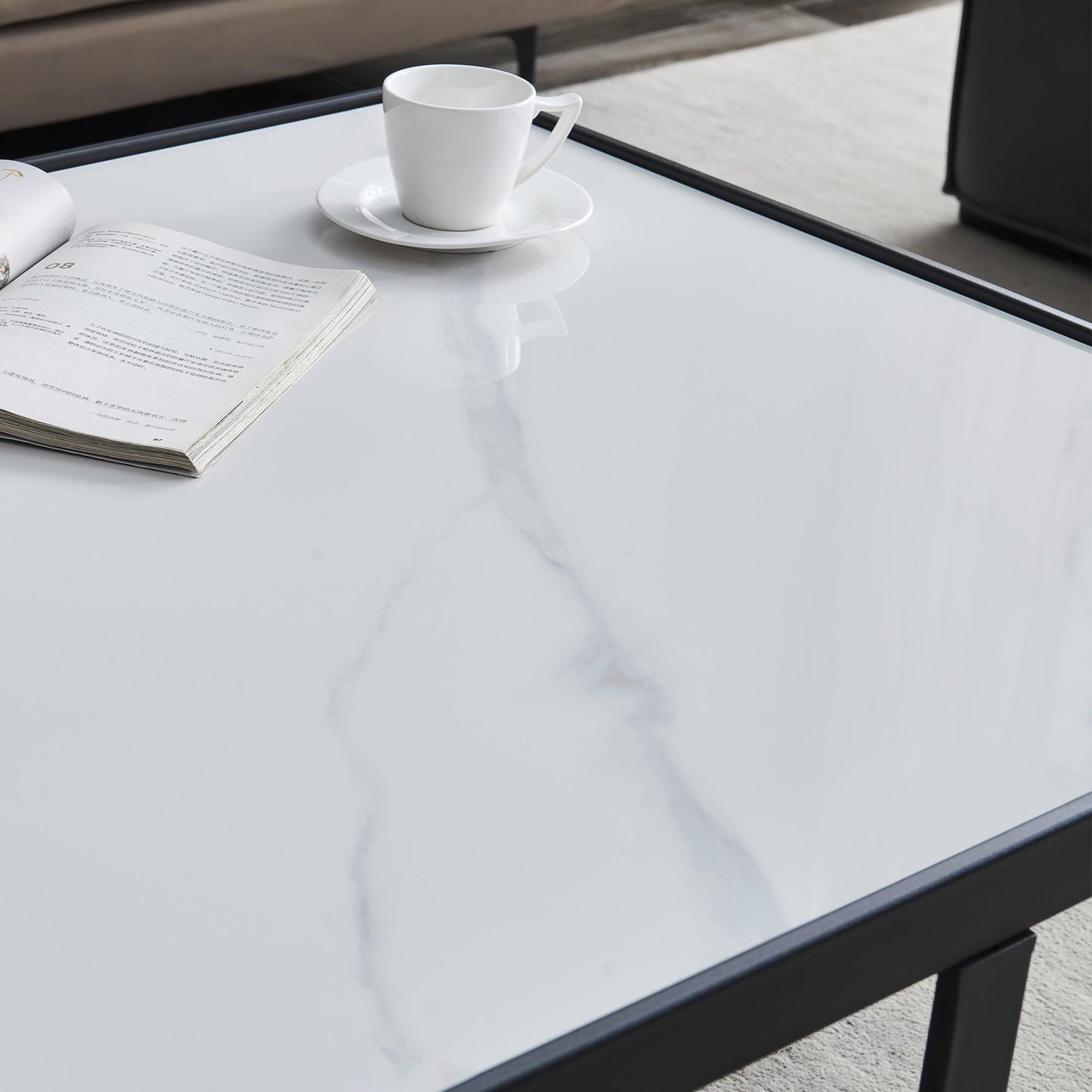 Minimalism Square coffee table，Black metal frame with sintered stone tabletop - FurniFindUSA