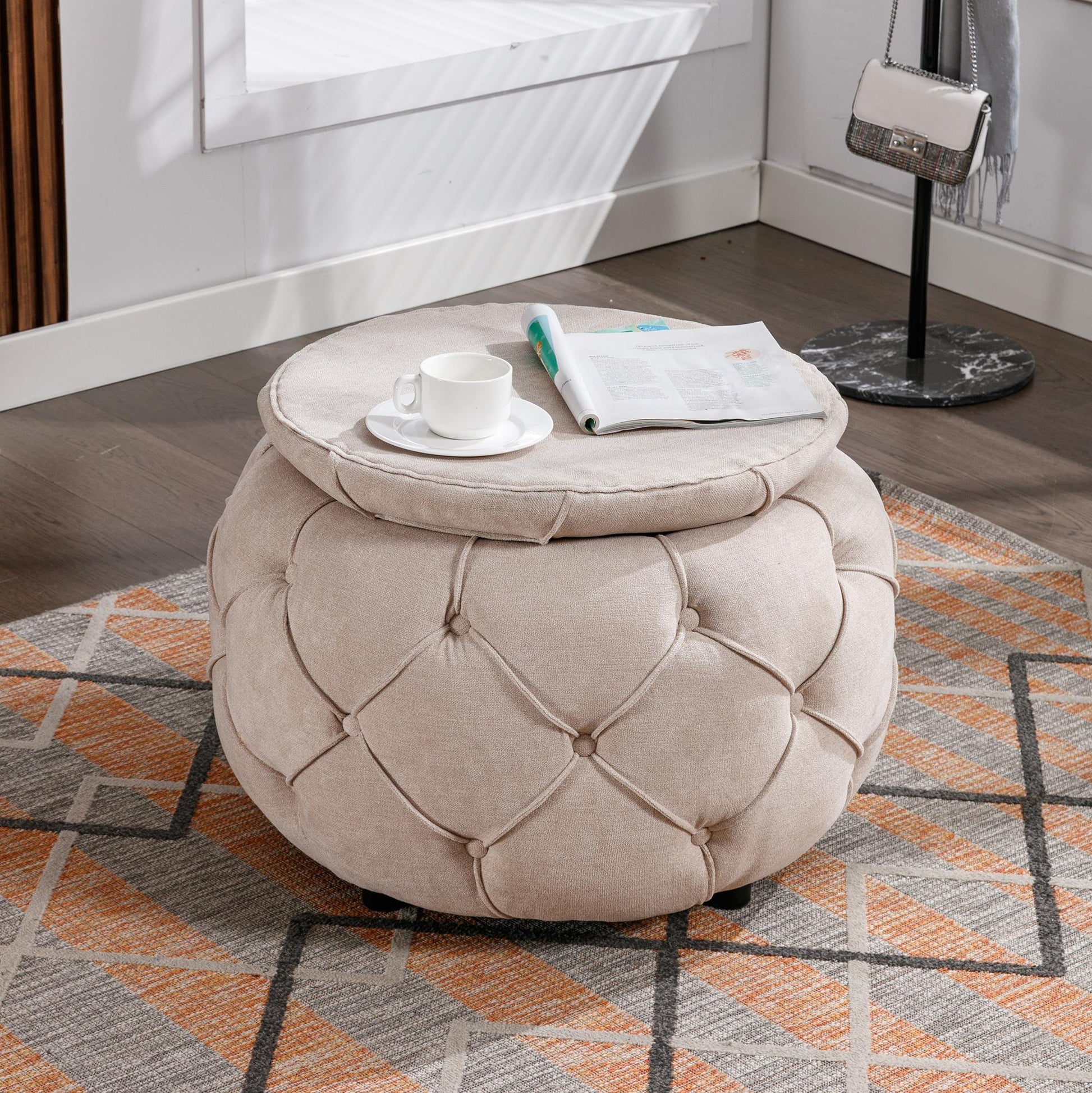 Large Button Tufted Woven Round Storage Footstool。Suitable for living room, bedroom, study - FurniFindUSA