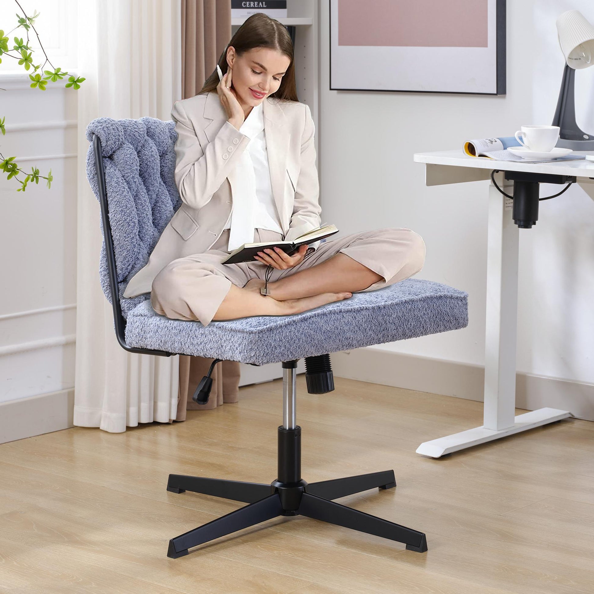 Armless Office Chair no Wheels, Ergonomic Wide Seat Swivel Desk Chair, Height Adjustable Cross Legged Comfortable Computer Chair for Living Room, Van - FurniFindUSA