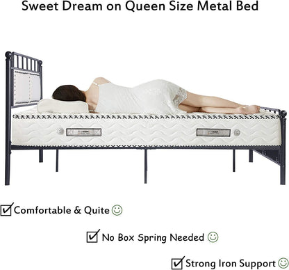 Metal Queen Bed Frame with Upholstered Headboard & Footboard Heavy Duty Platform Bed Frame Steel Sla - FurniFindUSA