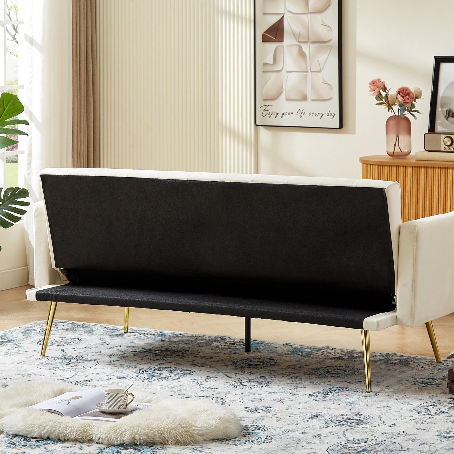 Morden Velvet Futon Sofa Bed for Living Room, Convertible 3 Adjustable Couch Loveseat with Metal Leg - FurniFindUSA