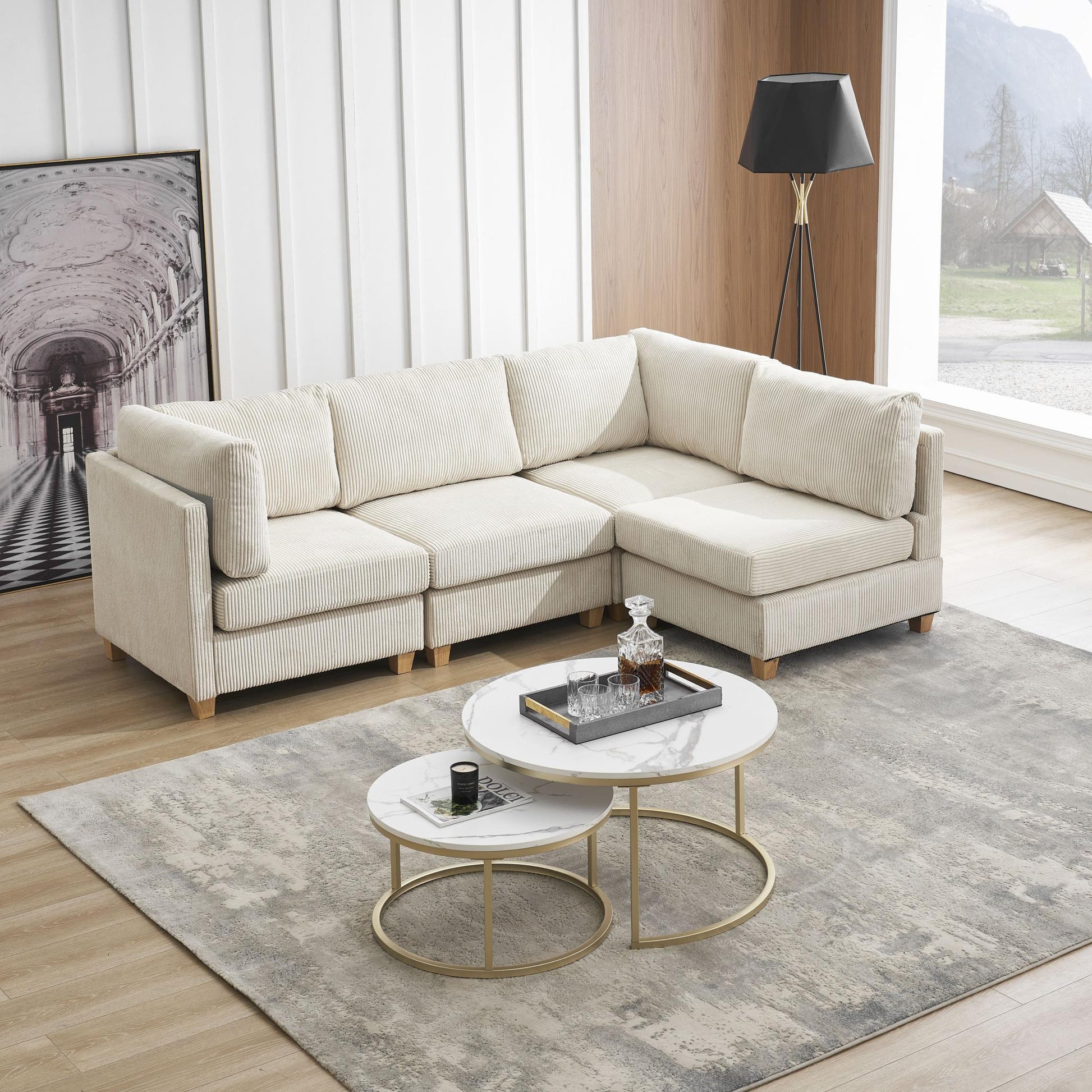 Modern Beige Convertible L Shape Sofa Corduroy Fabric Comfortable Multi-person Combination Living Room Sofa Furniture - FurniFindUSA