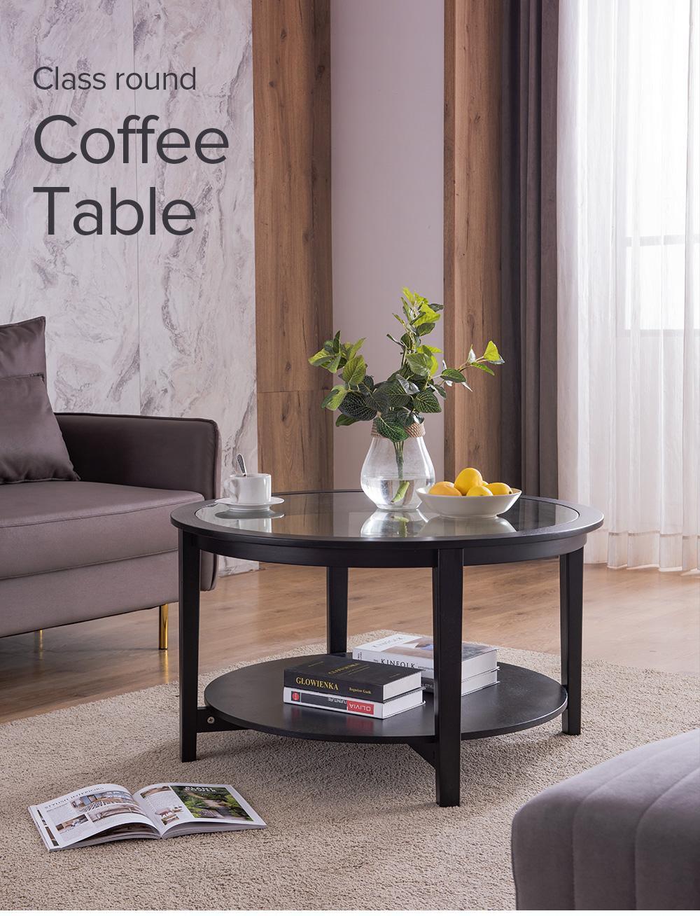 Modern Solid wood round coffee table with tempered glass top black color-36" - FurniFindUSA