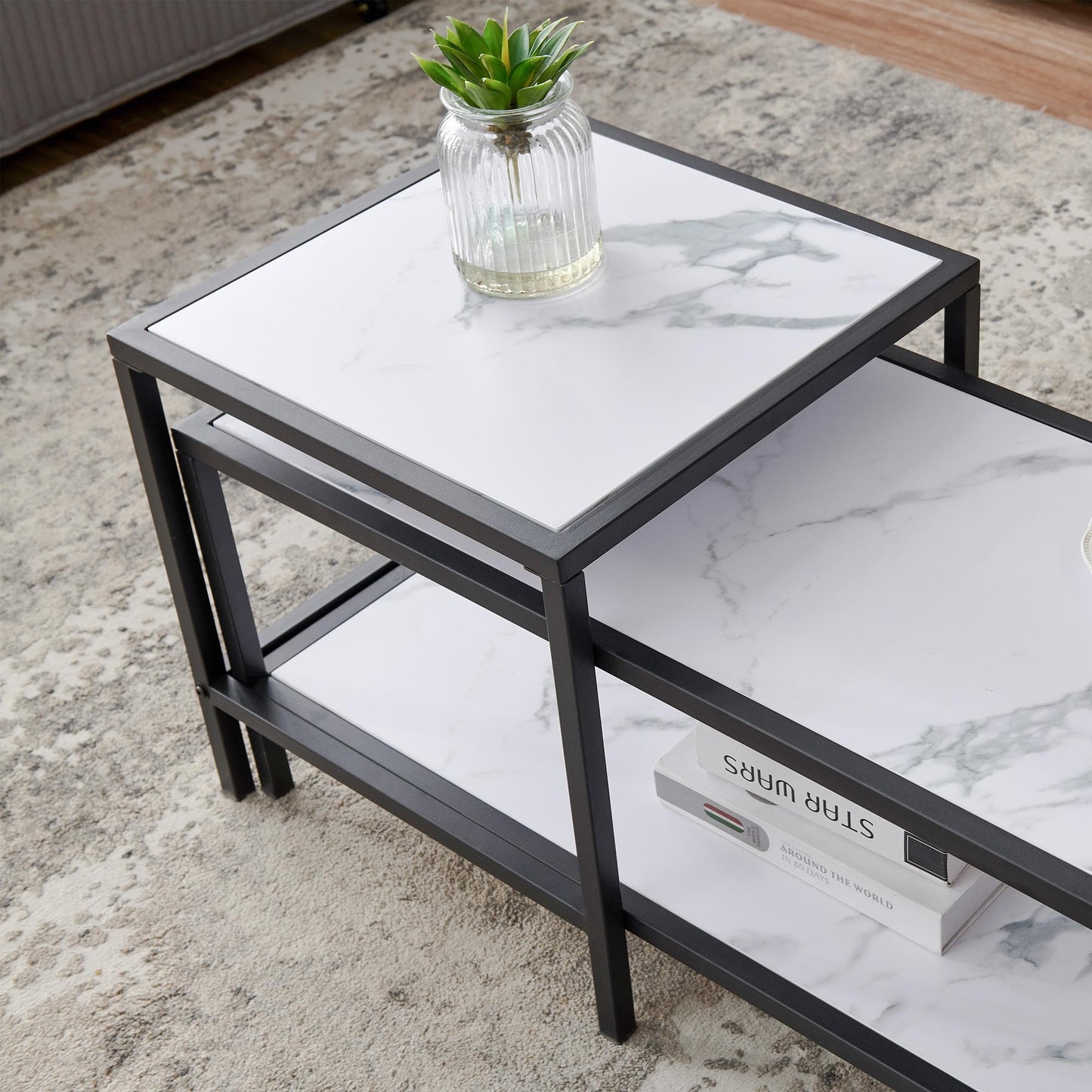 Modern Nesting coffee table Square & rectangle,Black metal frame with wood marble color top