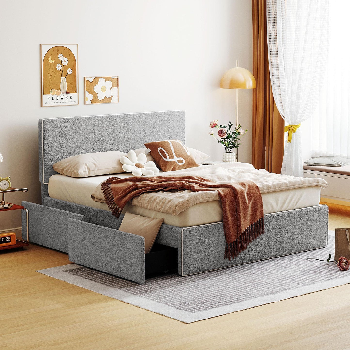 Upholstered Platform Bed with 4 Drawers and White Edge on the Headboard & Footboard, Gray - FurniFindUSA