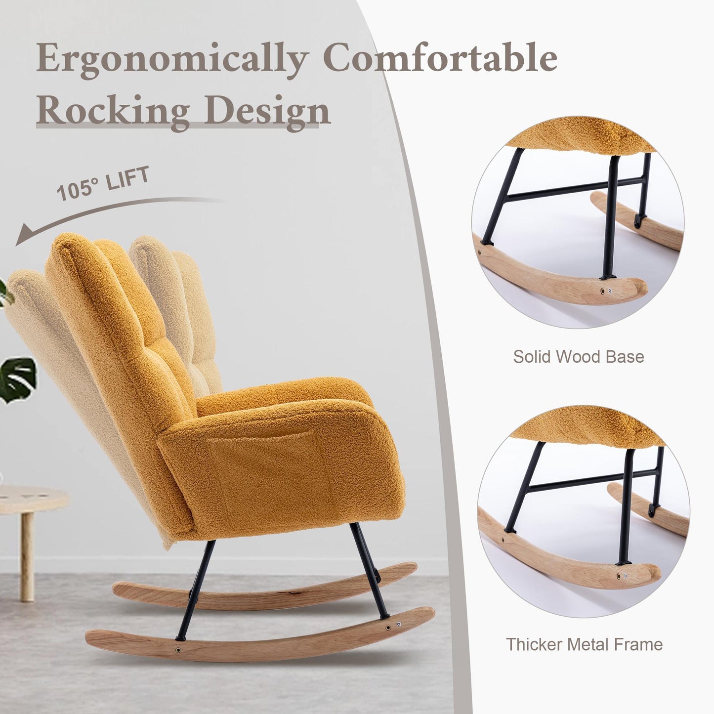 Rocking Chair with Pocket, Soft Teddy Fabric Rocking Chair for Nursery, Comfy Wingback Glider Rocker with Safe Solid Wood Base for Living Room Bedroom - FurniFindUSA