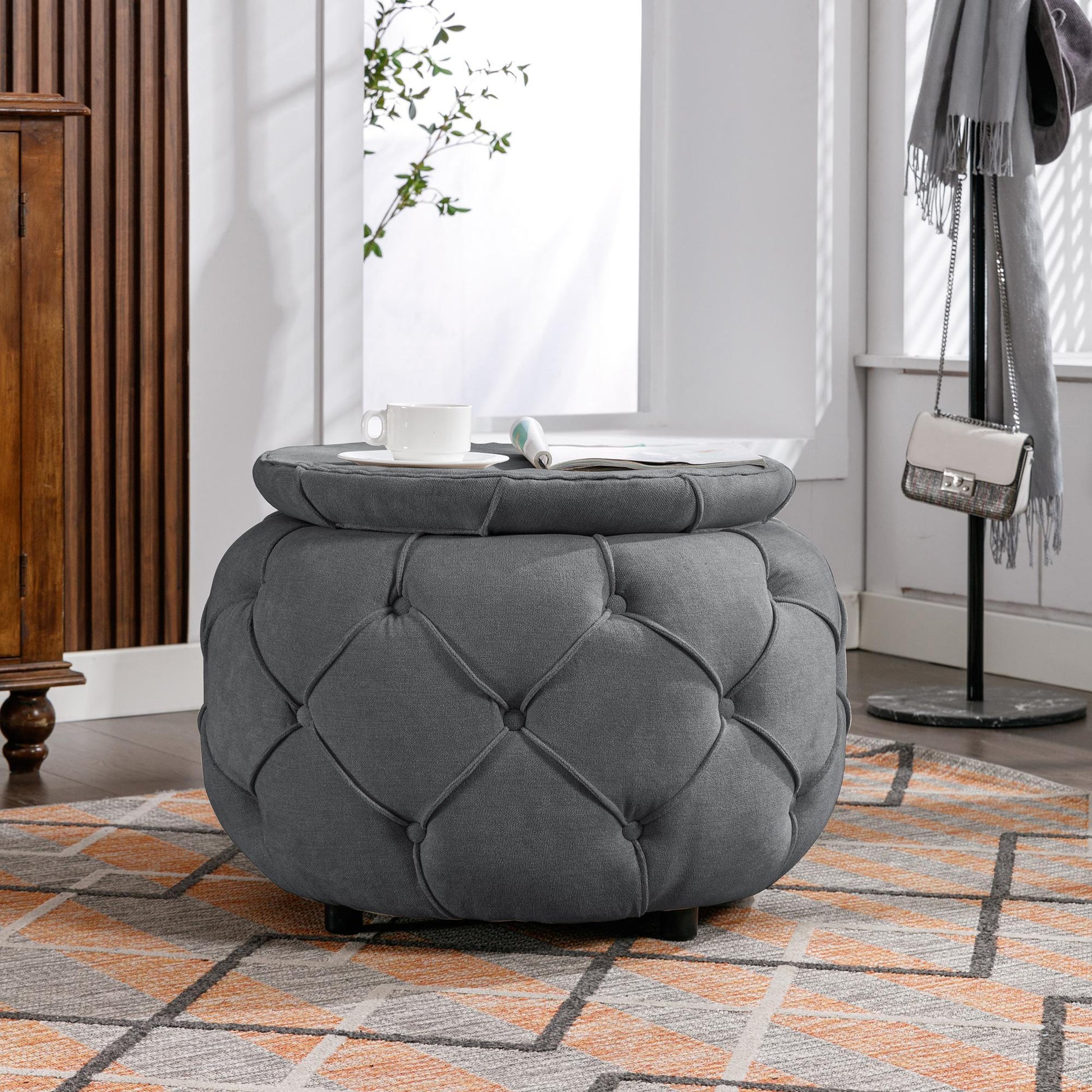 Large Button Tufted Woven Round Storage Footstool。Suitable for living room, bedroom, study - FurniFindUSA