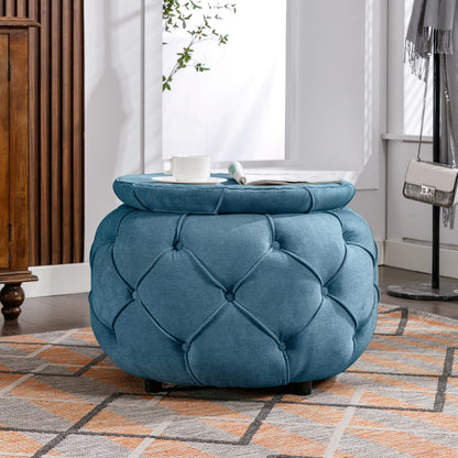 Large Button Tufted Woven Round Storage Footstool。Suitable for living room, bedroom, study - FurniFindUSA