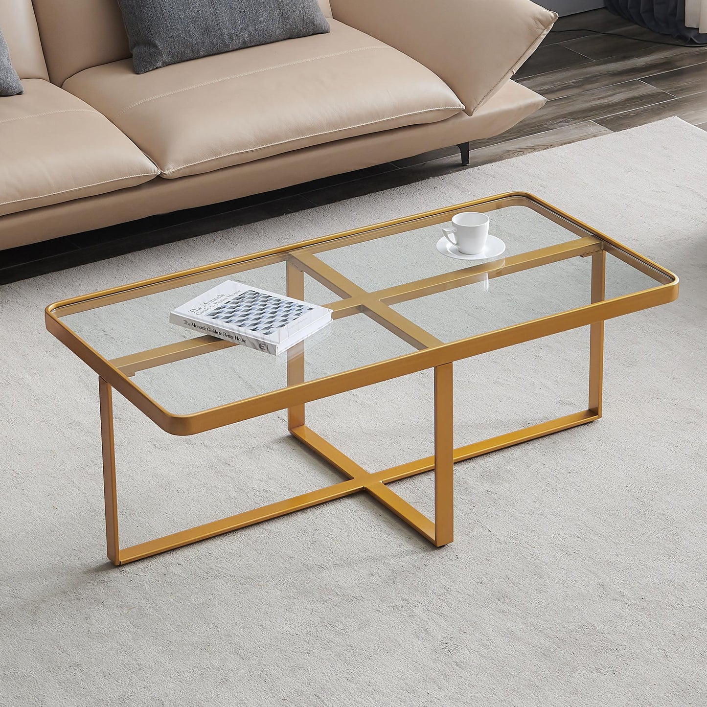 Minimalism rectangle coffee table,Golden metal frame with tempered glass tabletop