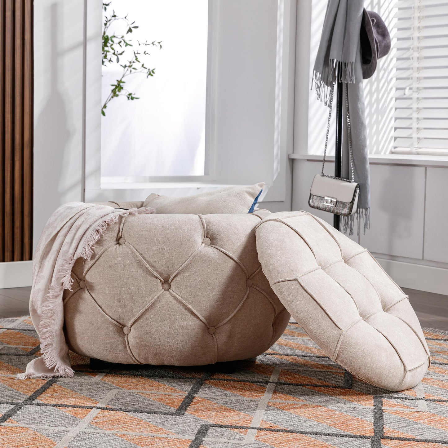 Large Button Tufted Woven Round Storage Footstool。Suitable for living room, bedroom, study - FurniFindUSA