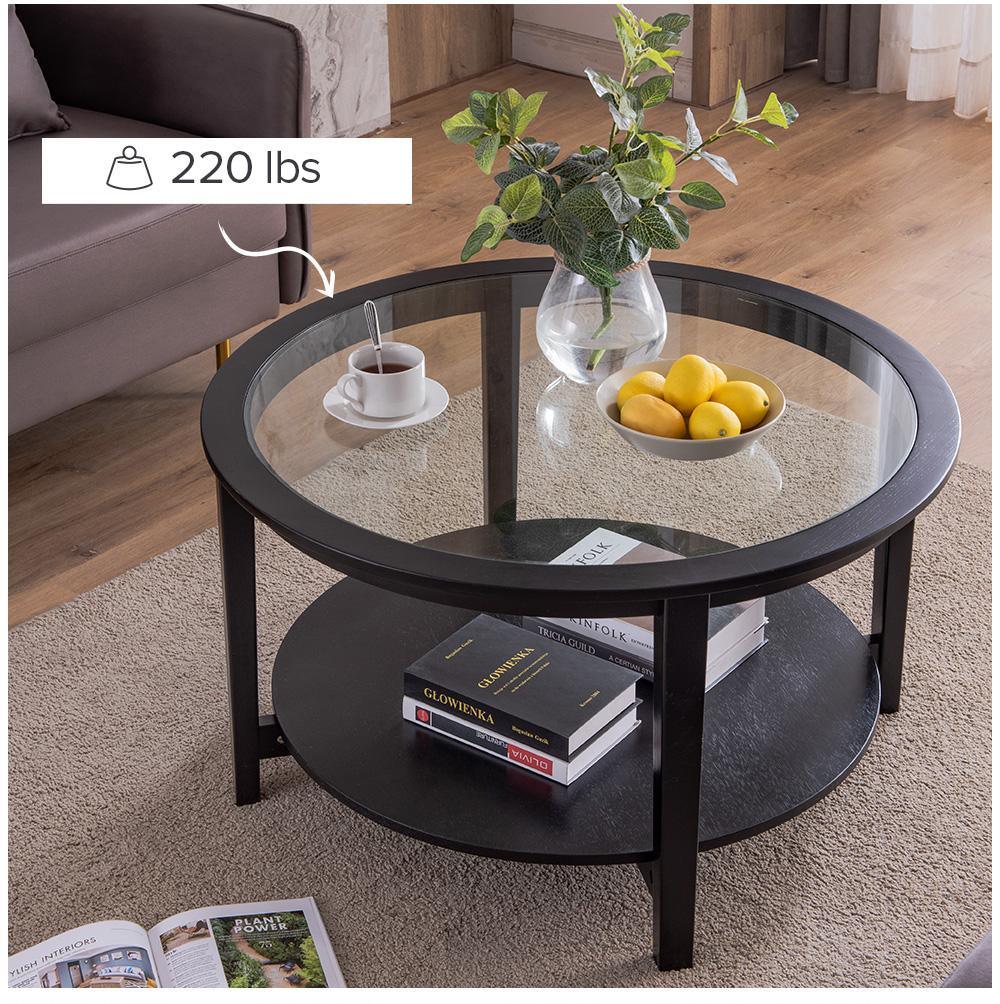 Modern Solid wood round coffee table with tempered glass top black color-36" - FurniFindUSA