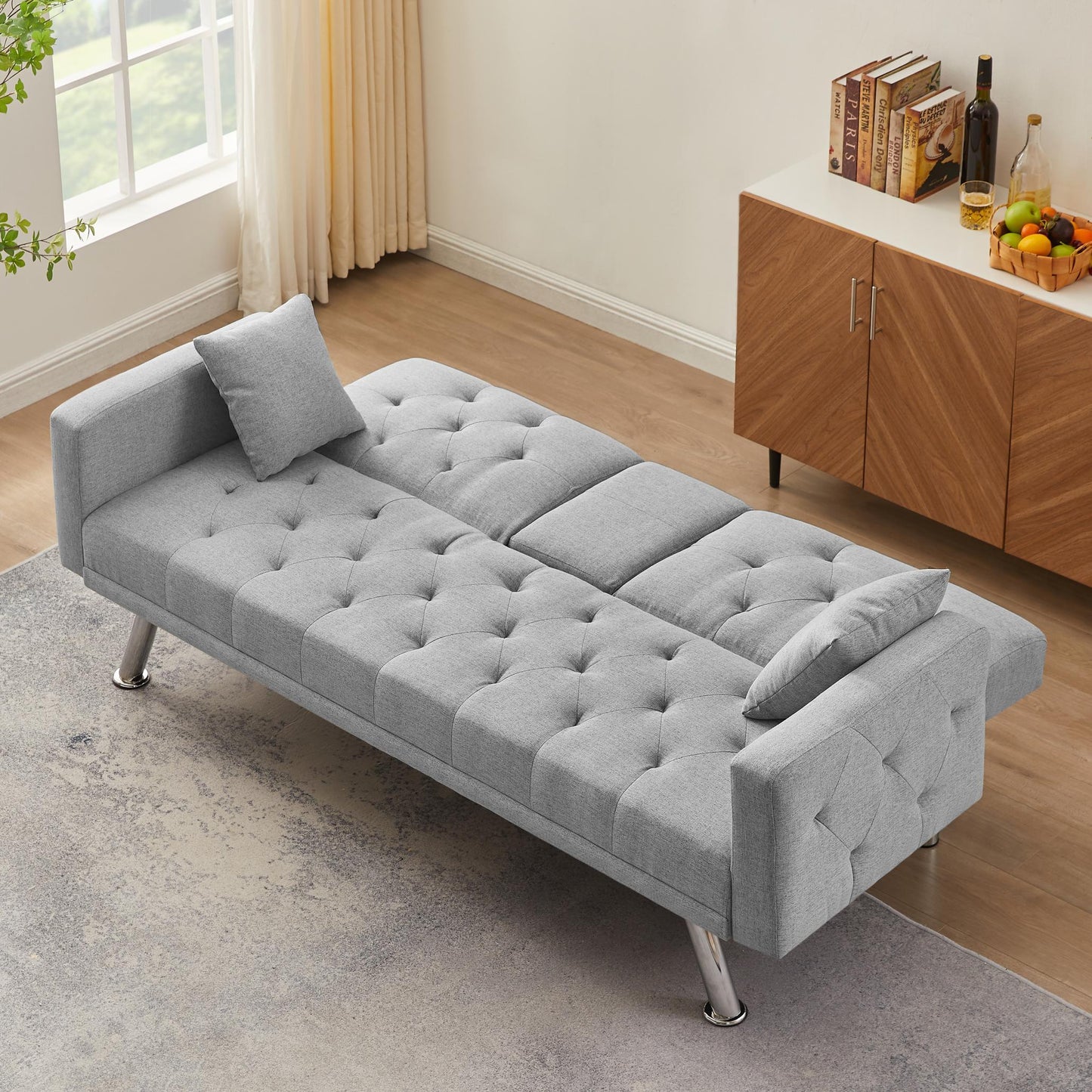 Square Arm Armrests Grey Linen Convertible Sofa and Bed - FurniFindUSA