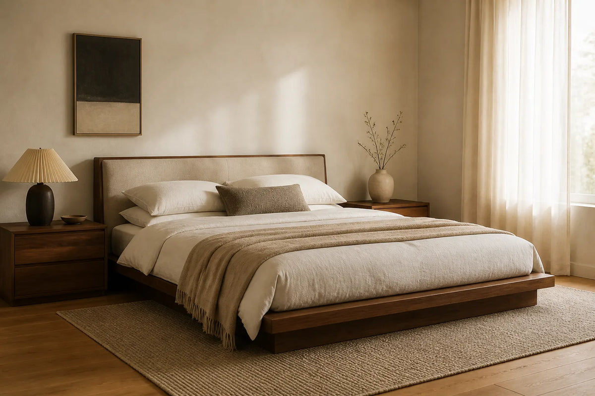 Warm modern bedroom with walnut bed and oatmeal upholstery